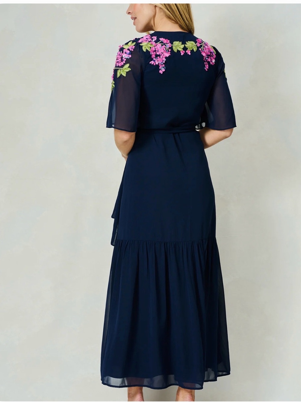 Floral-Embroidered Navy Maxi Wrap Dress with Tie Waist - Picture 7 of 8